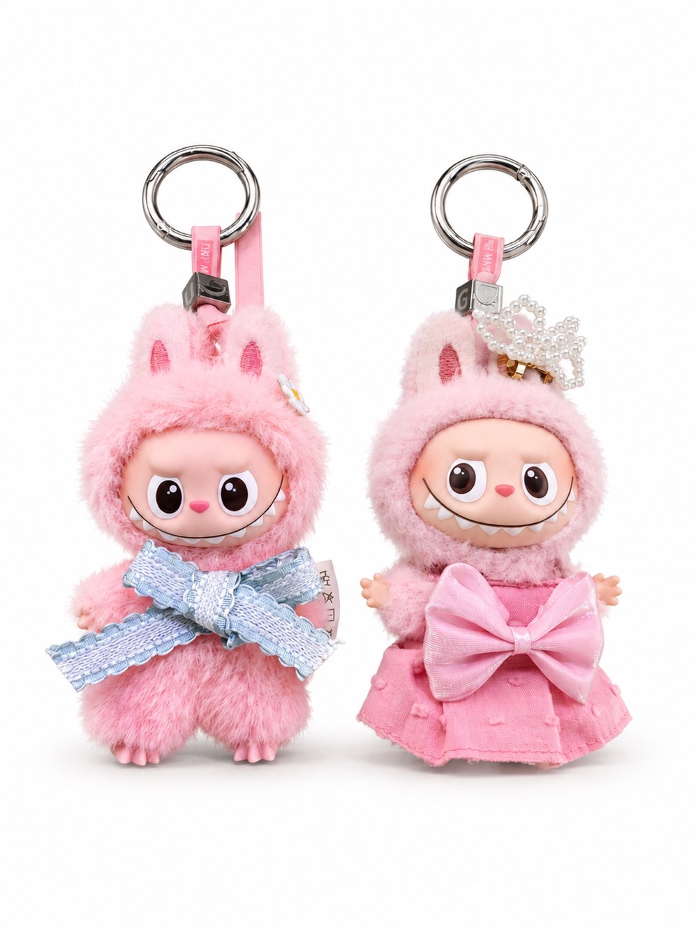 Cute Pink Plush Bunny Keychain Pair with Bows